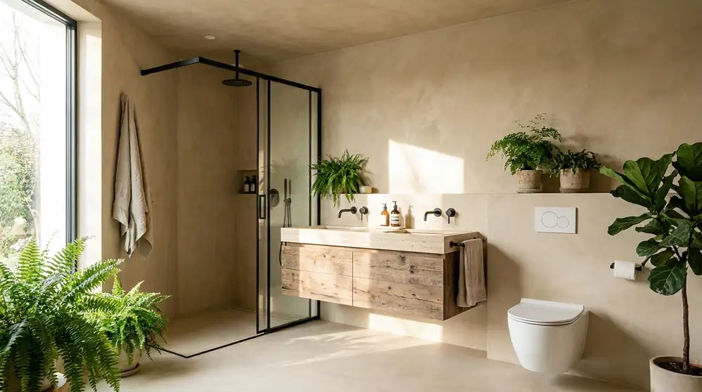 Baño reformado por Aquaprada con ducha a ras de suelo e inodoro suspendido